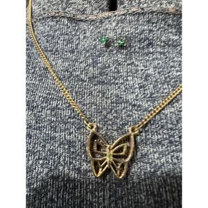 Gold Butterfly Necklace + 925 Green Stone Stud Earrings | Dainty Jewelry Set